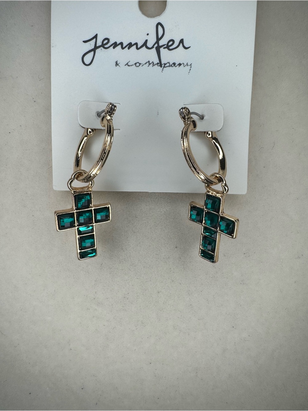 Jennifer & Company Gold Hoop Cross Earrings with Green Stones